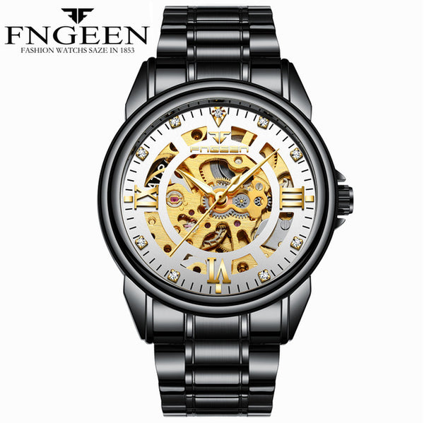 FNGEEN Automatic & Waterproof Mechanical Watch with  Black Hollow Face