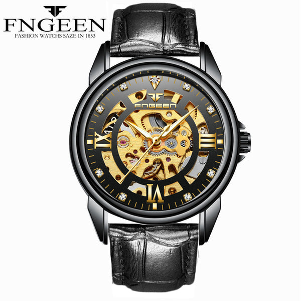 FNGEEN Automatic & Waterproof Mechanical Watch with  Black Hollow Face