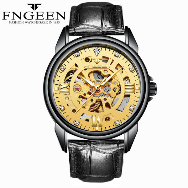 FNGEEN Automatic & Waterproof Mechanical Watch with  Black Hollow Face