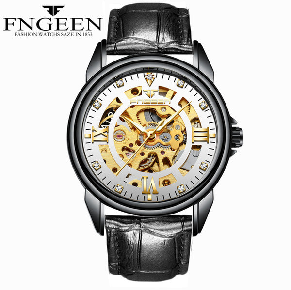 FNGEEN Automatic & Waterproof Mechanical Watch with  Black Hollow Face