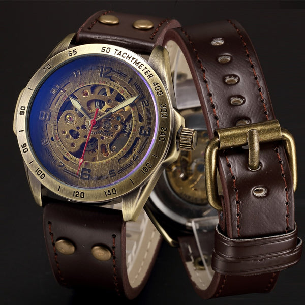 Casual Antique Automatic Mechanical Watch with Leather Strap