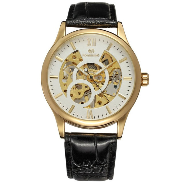 FORSINING Hollow Design Mechanical Watch with Leather Strap