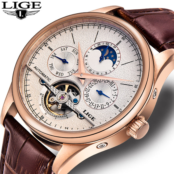 LIGE Automatic Mechanical Watch With Leather Belt