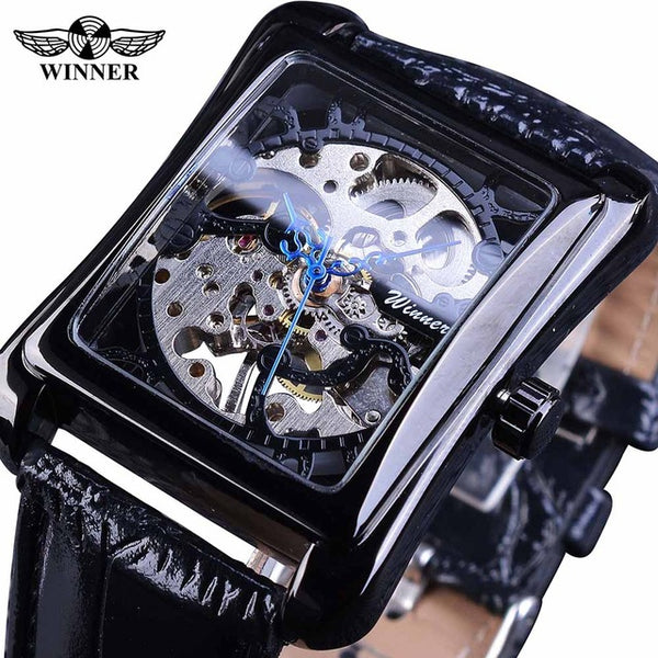 Winner Retro Casual Rectangle Design Golden Skeleton Mechanical Watch