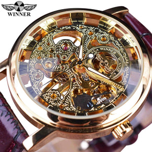 Winner Royal Carving Skeleton Mechanical Watch with Leather Strap