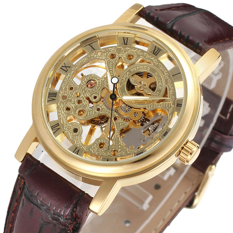 Winner Golden Skeleton Mechanical Watch with Leather Strap